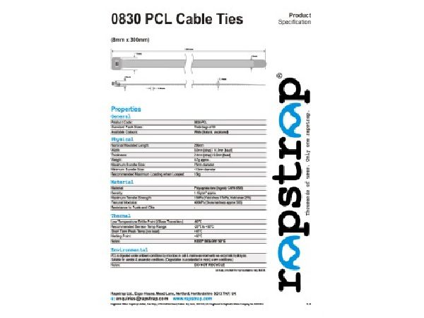 0830 biodegradable PCL rapstrap cable tie datasheets